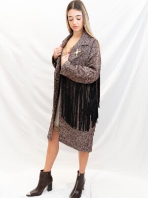 Abrigo con flecos D´l Giulia Mastini tejido espiga marrón y negro