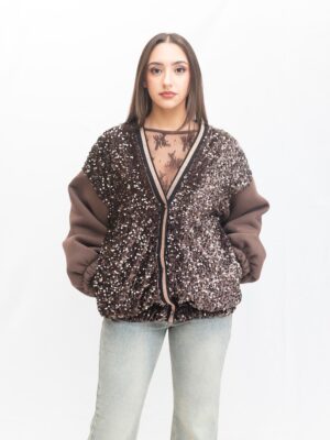 Chaqueta de lentejuelas bronce con mangas de punto chocolate de la firma D’l Giulia Mastini — La Acicalá.